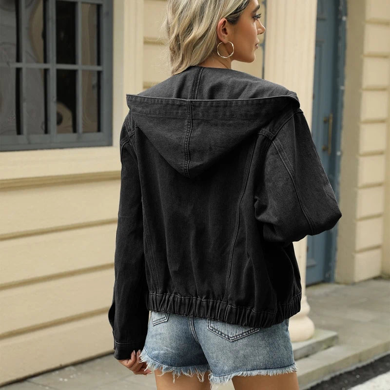 women's hooded denim jacket jean coat in black, back view