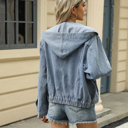 women's hooded denim jacket cropped jean coat in blue, back view