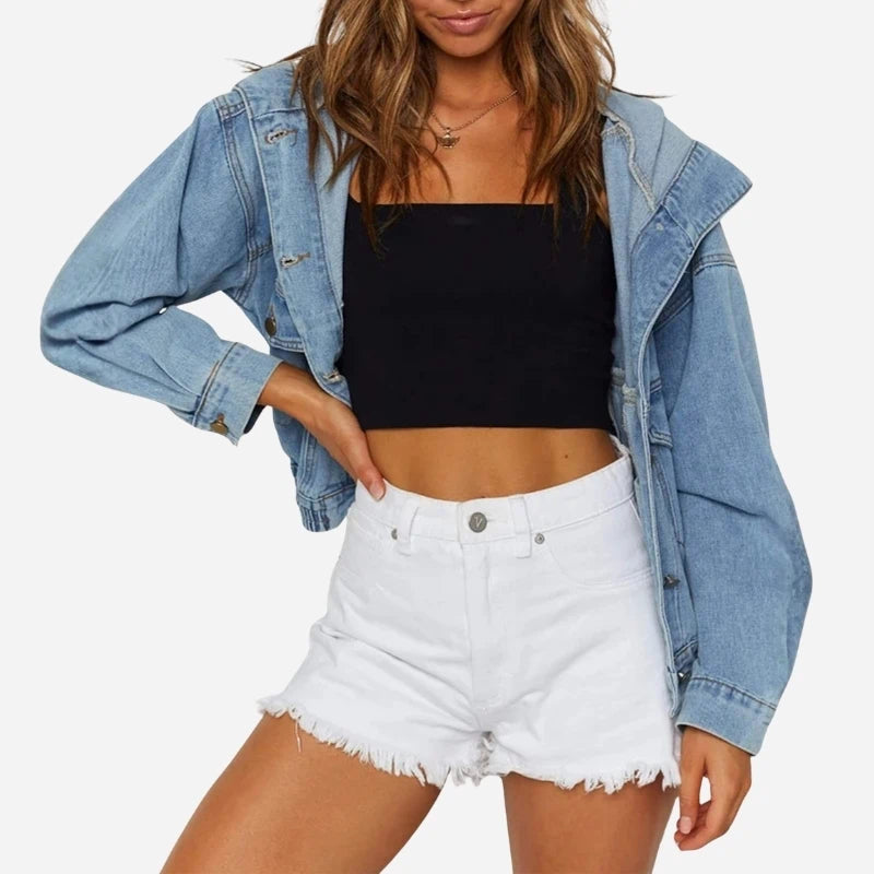 women's hooded denim jacket cropped jean coat in blue, front view