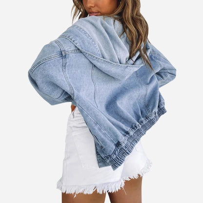 women's hooded denim jacket cropped jean coat in blue, back view