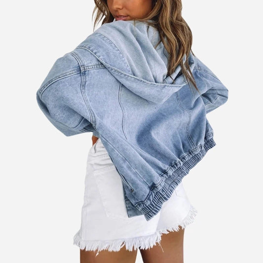 women's hooded denim jacket cropped jean coat in blue, back view