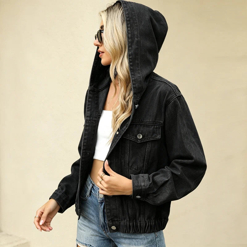 women's hooded denim jacket cropped jean coat in black, side view
