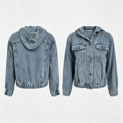 women's hooded denim jacket cropped jean coat in blue