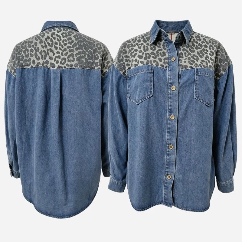women’s leopard patchwork denim shirt oversized button down jacket, front and back views