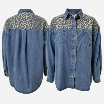 women’s leopard patchwork denim shirt oversized button down jacket, front and back views