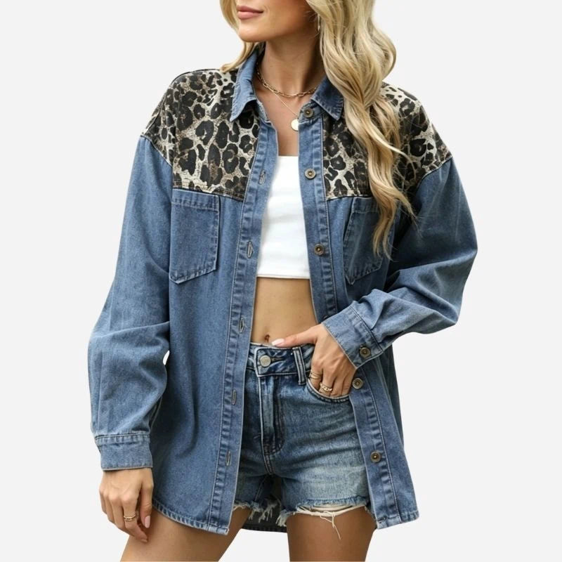 women’s leopard patchwork denim shirt oversized button down jacket