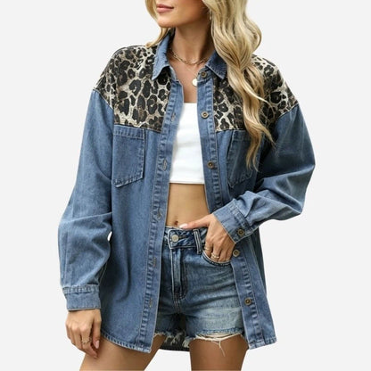 women’s leopard patchwork denim shirt oversized button down jacket