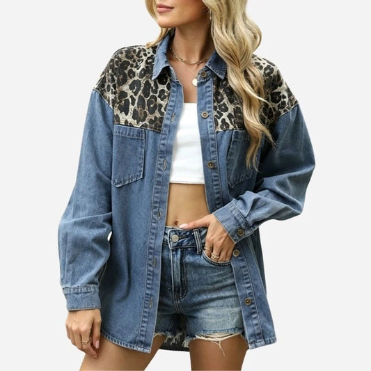 women’s leopard patchwork denim shirt oversized button down jacket