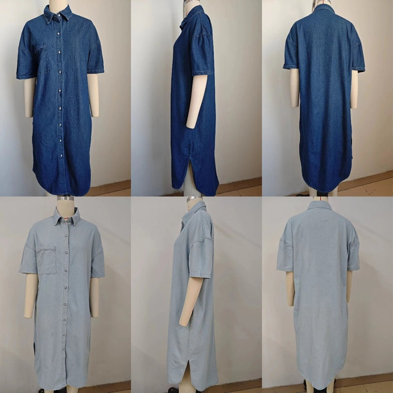 Women¡¯s long denim dress short sleeve button down shirt dress, front and back views