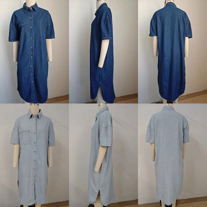 Women¡¯s long denim dress short sleeve button down shirt dress, front and back views