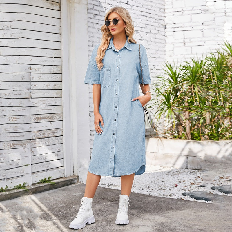 Women¡¯s long denim dress short sleeve button down dress in light blue, front view