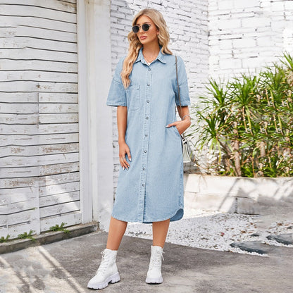 Women¡¯s long denim dress short sleeve button down dress in light blue, front view