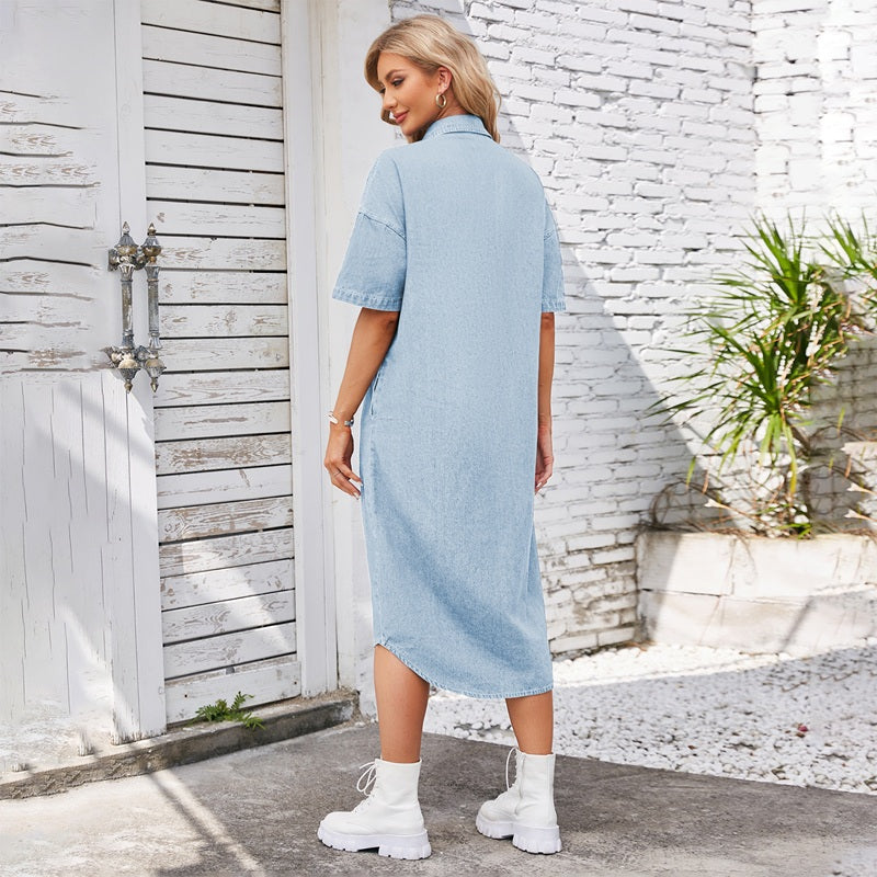 Women¡¯s long denim dress short sleeve button down shirt dress in light blue, back view