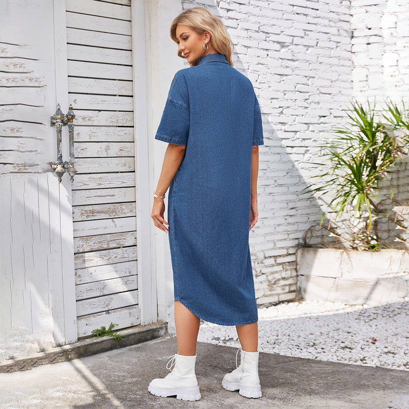 Women¡¯s long denim dress short sleeve button down shirt dress in navy, back view