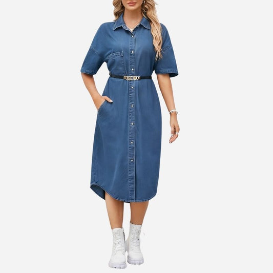 Women’s long denim dress short sleeve button down shirt dress in navy, front view