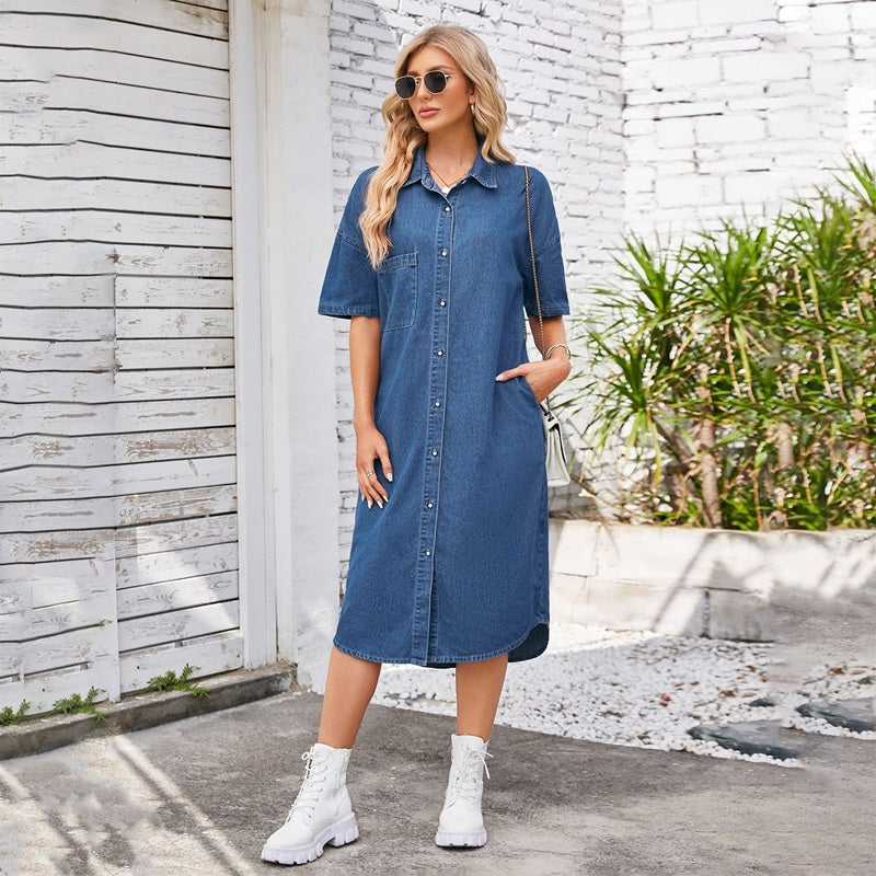 Women¡¯s long denim dress button down shirt dress in navy, front view