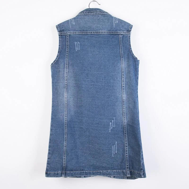 women's long denim vest sleeveless jean jacket in blue, back view