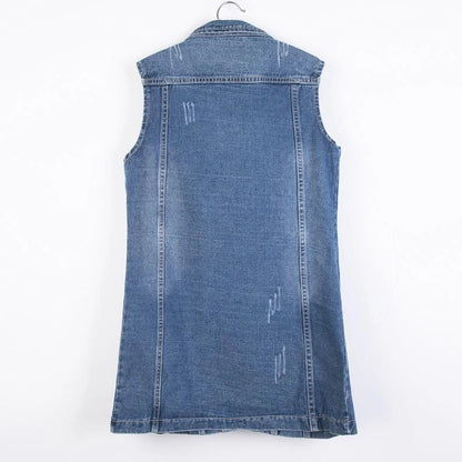 women's long denim vest sleeveless jean jacket in blue, back view