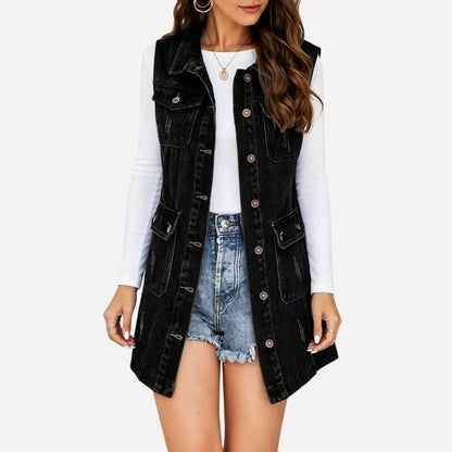 women's long denim vest sleeveless jean jacket with pockets in black