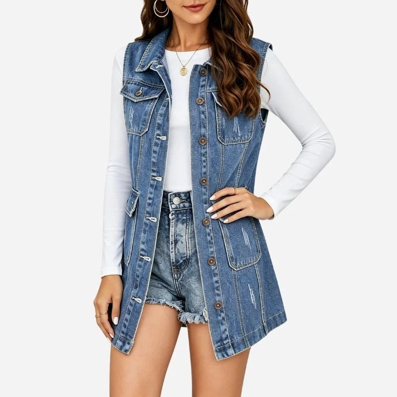 women's long denim vest sleeveless jean jacket in blue