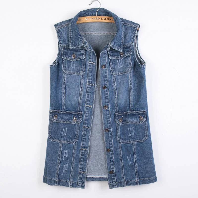 women's long denim vest sleeveless jean jacket in blue, front view