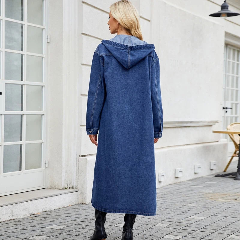women’s long hooded denim trench coat casual maxi jean jacket, back view