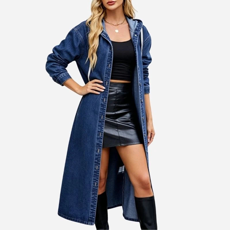 women’s long hooded denim trench coat casual maxi jean jacket