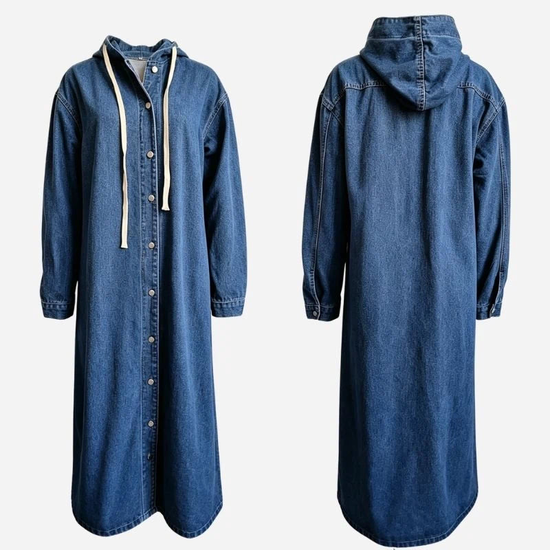 women’s long hooded denim trench coat casual maxi jean jacket, front and back views