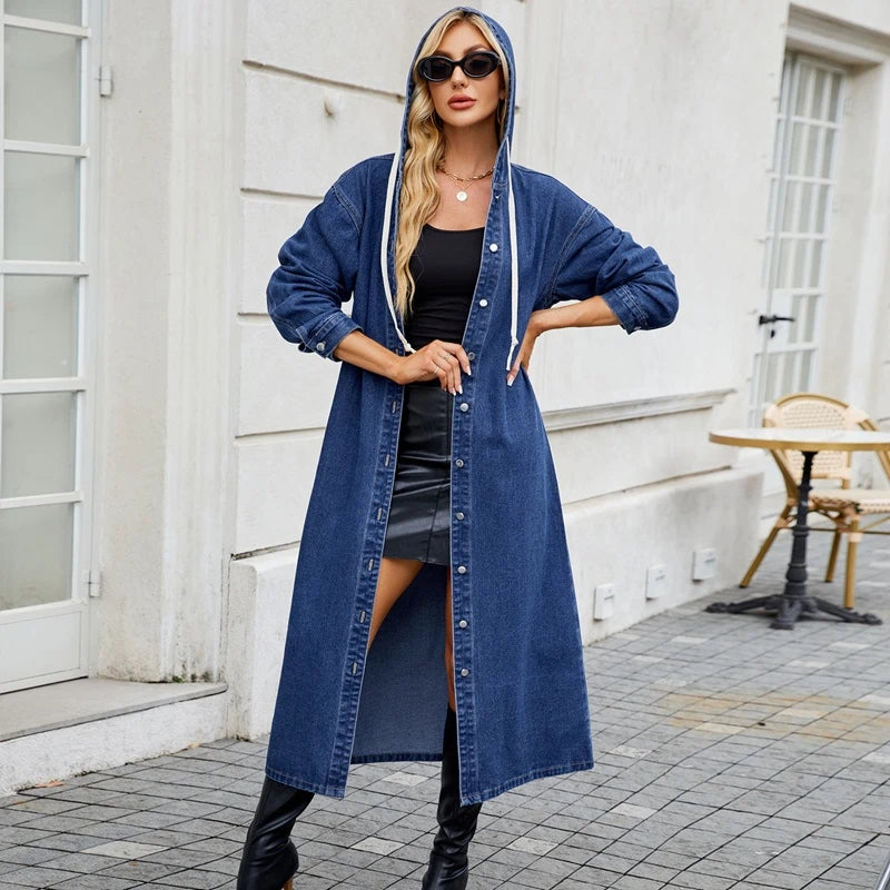 women’s long hooded denim coat casual maxi jean jacket