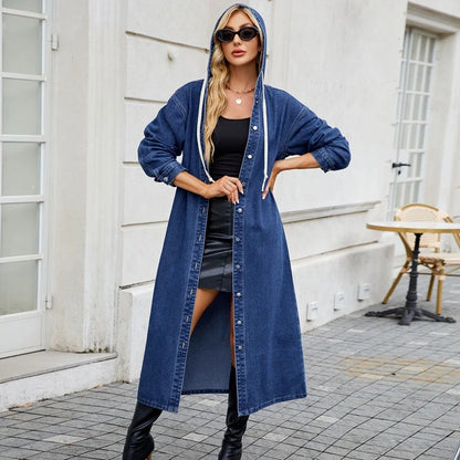 women’s long hooded denim coat casual maxi jean jacket