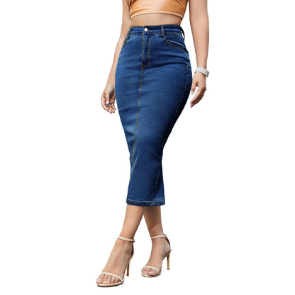 Women's Long Jean Skirt Denim with Back Slit Bodycon A-line Skirt