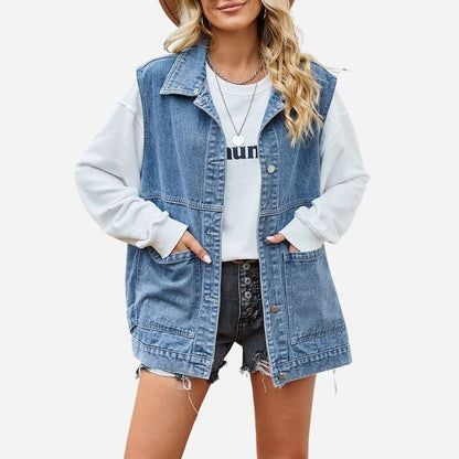 Women¡¯s longline sleeveless denim vest relaxed utility casual fit