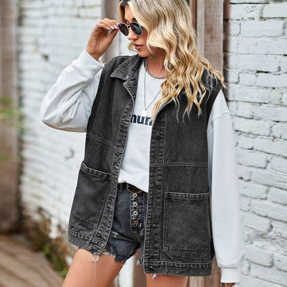Women¡¯s longline sleeveless denim vest in black