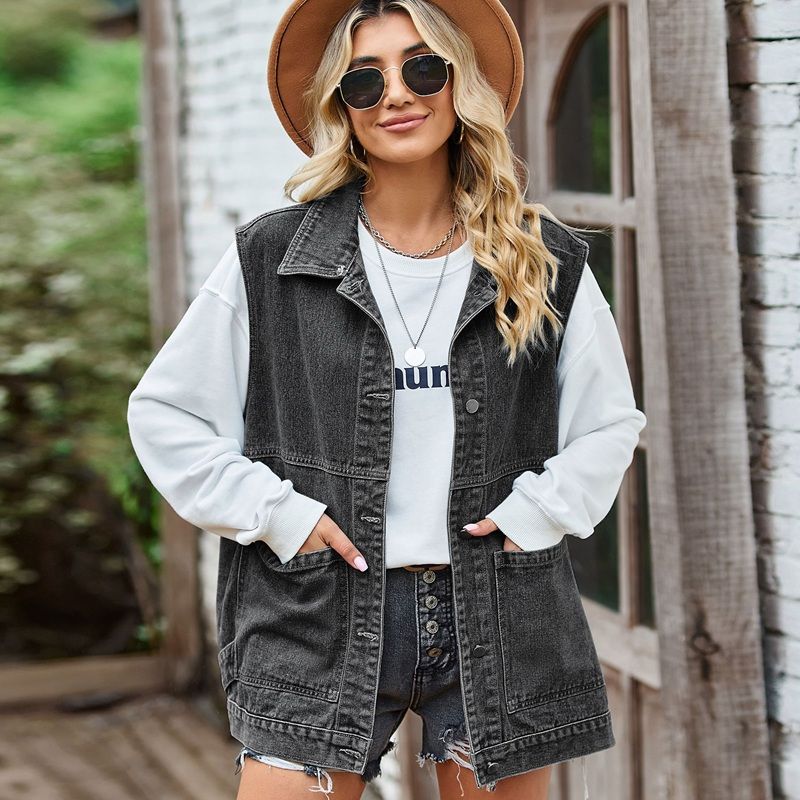 Women¡¯s longline sleeveless denim vest relaxed utility casual fit in black