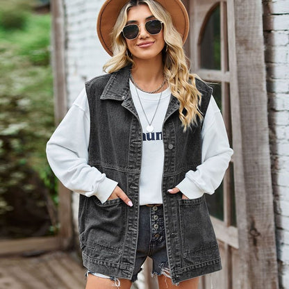 Women¡¯s longline sleeveless denim vest relaxed utility casual fit in black