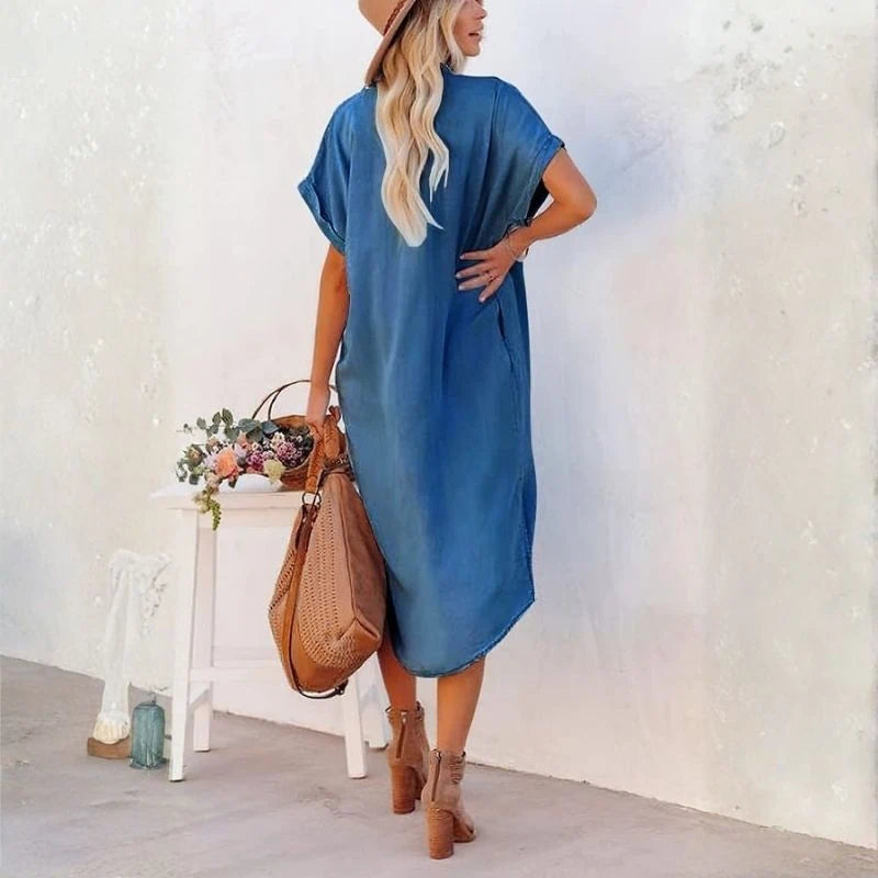 women's denim shirt dress midi tunic dress in dark blue, back view