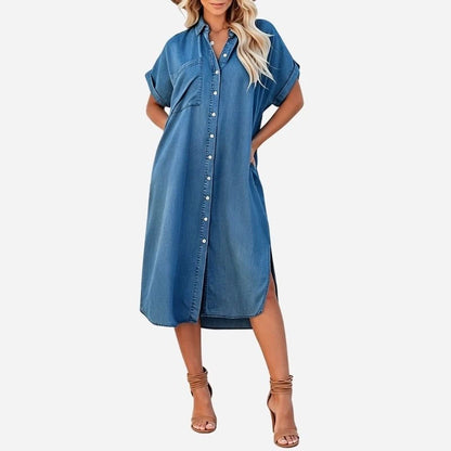 women's loose denim shirt dress midi summer tunic dress in dark blue