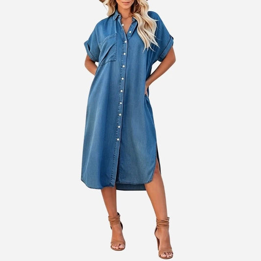 women's loose denim shirt dress midi summer tunic dress in dark blue