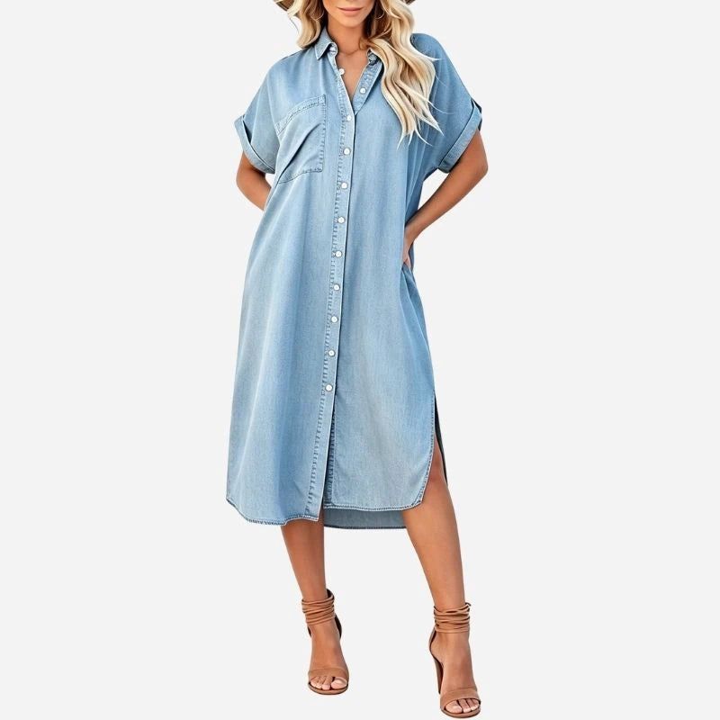 women's denim shirt dress midi tunic dress in light blue, front view