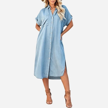 women's denim shirt dress midi tunic dress in light blue, front view