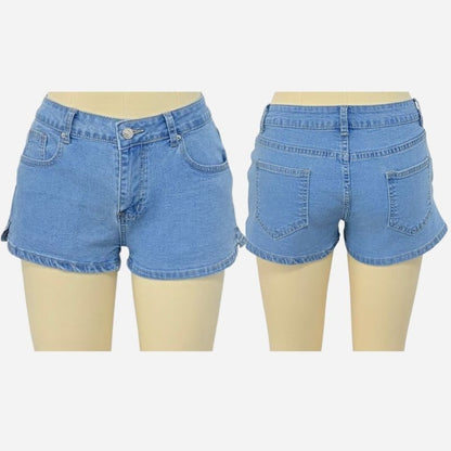 women's low rise denim shorts side slit jean shorts in light blue, front and back views