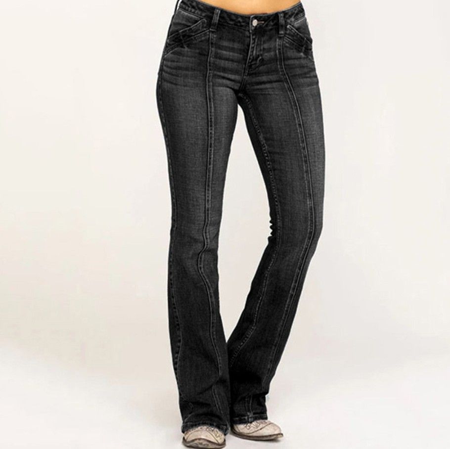 Women's Low Rise Bell Bottom Flare Jeans Retro Center Seam Slim Fit Denim Pants black color