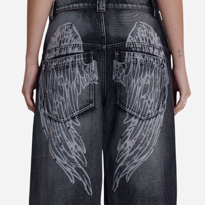 Women’s low rise y2k baggy jeans angel wings back print wide leg straight denim in black, pocket details view