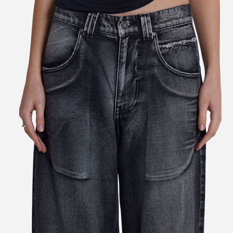 Women’s low rise y2k baggy jeans angel wings back print wide leg straight denim in black, waistband details view