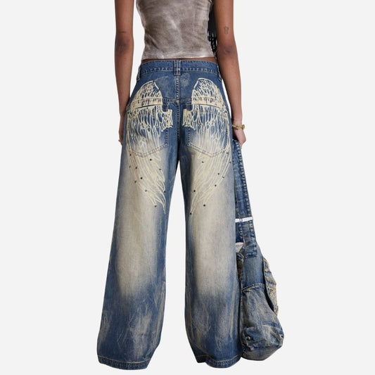 Women’s low rise y2k baggy jeans angel wings back print wide leg straight denim in blue, back view