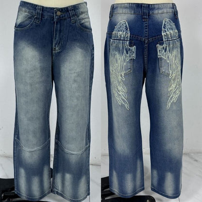 Women’s low rise y2k baggy jeans angel wings back print wide leg straight denim in blue, front and back views