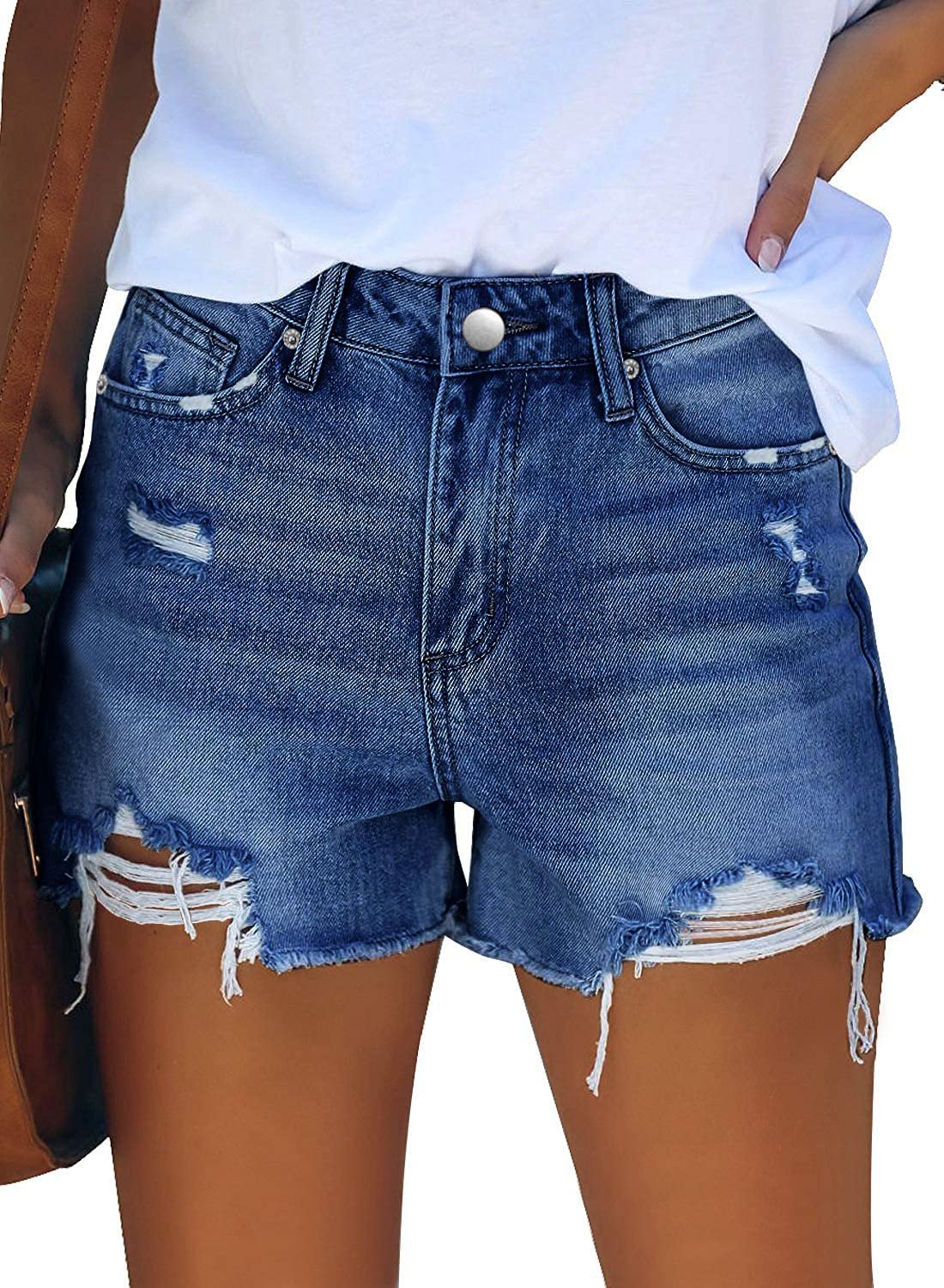 Women's Mid-high Waisted Ripped Denim Jean Shorts Cutoff Summer Short Pants navy color