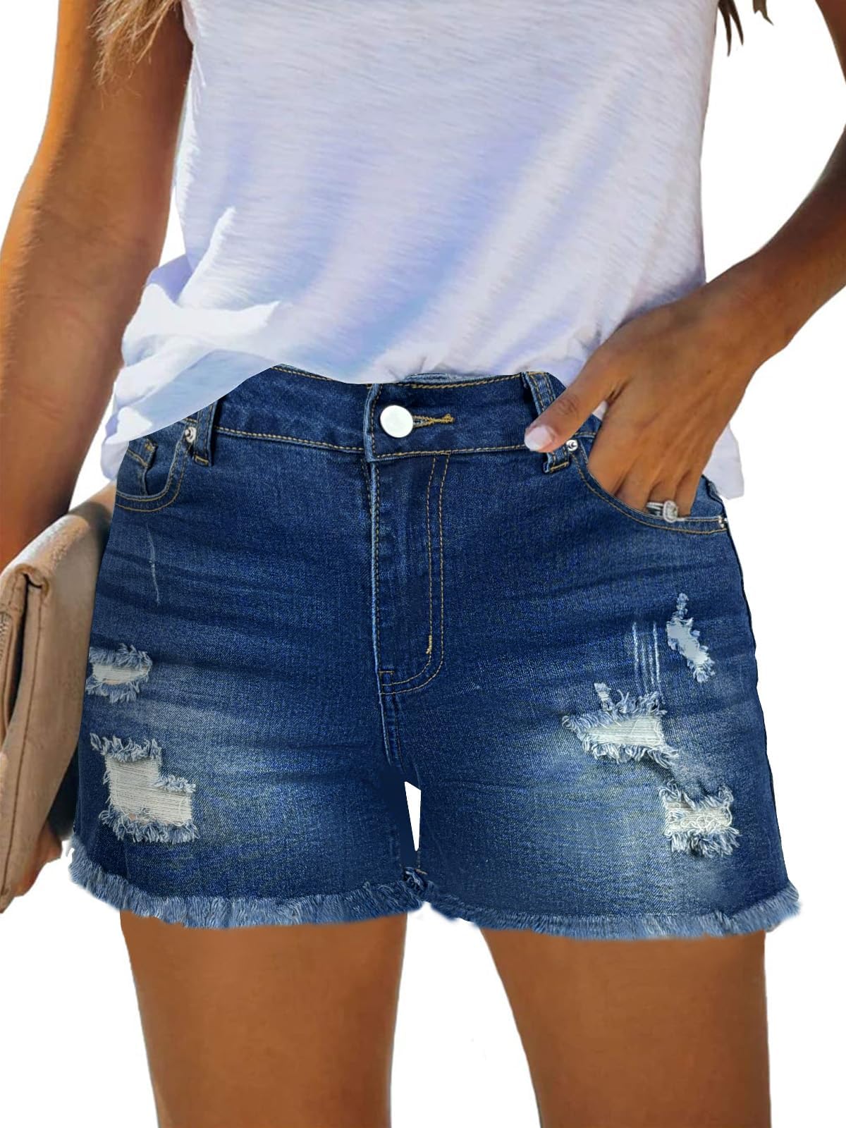 Women's Mid-High Waisted Ripped Denim Jean Shorts Summer Short Pants navy color