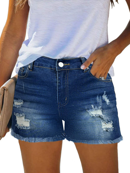 Women's Mid-High Waisted Ripped Denim Jean Shorts Summer Short Pants