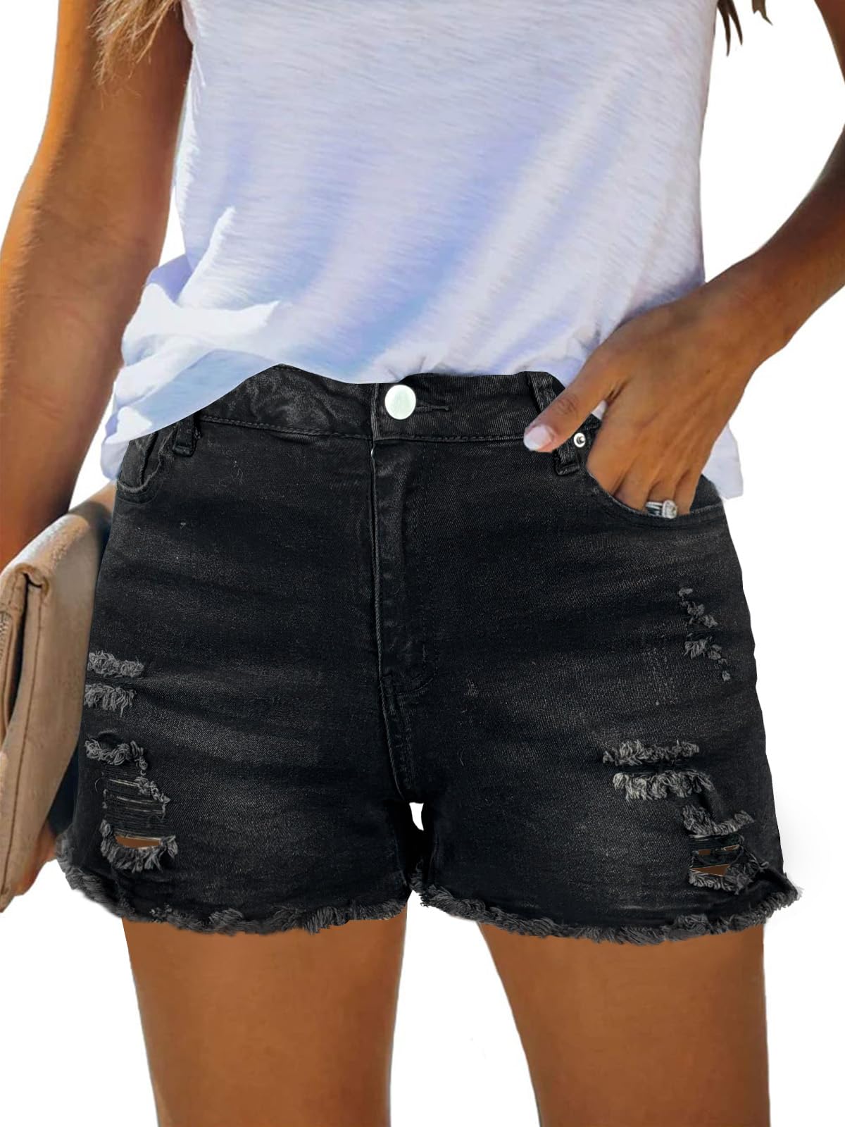 Women's Mid-High Waisted Ripped Denim Jean Shorts Summer Short Pants black color